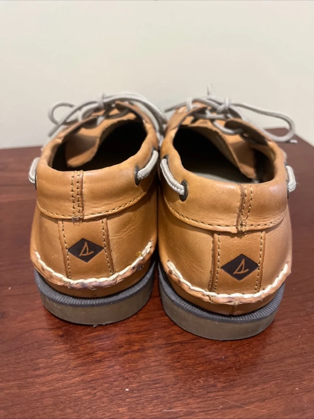 Sperry Tan Leather 2-Eye Boat Shoes with Gray Laces